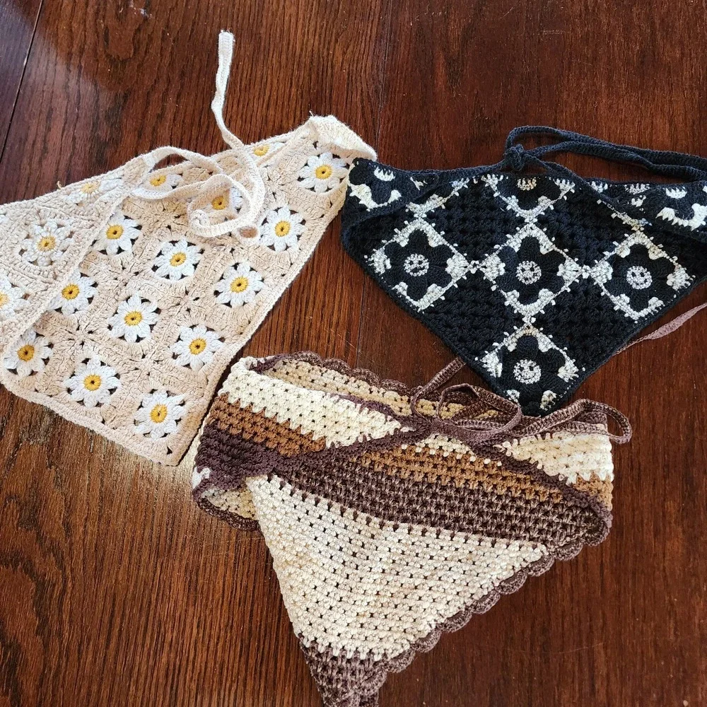 Crochet Hair Scarves Lot 3‎ Hippie Cottage Boho Festival Fairy Cute Smiley Face